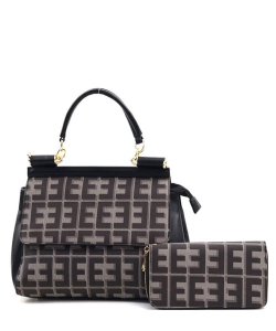 2in1 Fashion Faux Leather Geometric Satchel Handbag EE-9113W BLACK
